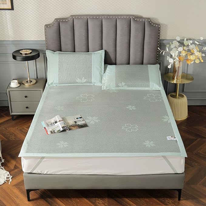Square Cooling Bedding Mat,Ice Silk Rattan Matting,Foldable Jacquard Mixed Ice Silk & Rattan Mat,冰藤席 (Green, Full)