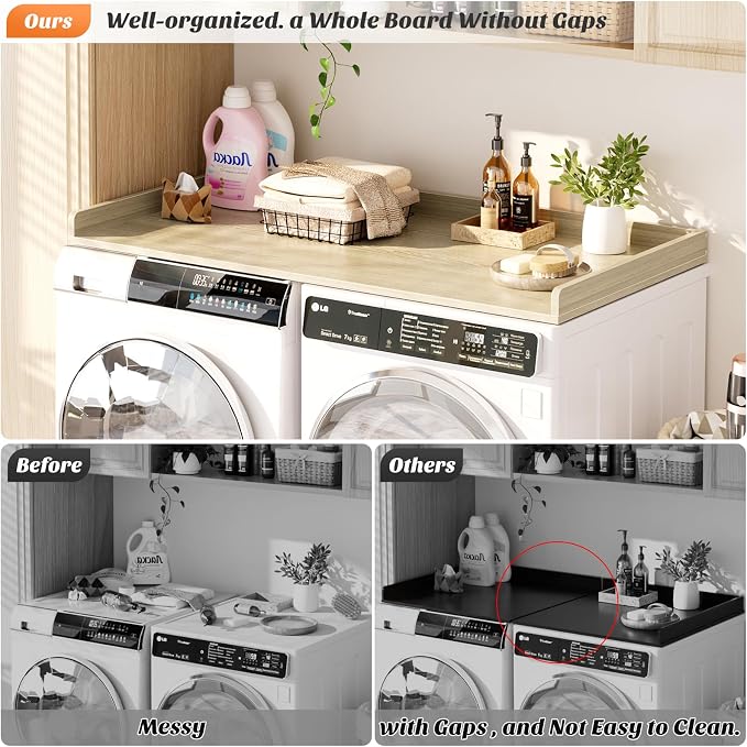 Aheaplus Washer and Dryer Countertop, Laundry Room Organization with Non-Slip Pads, Wood Shelf Topper with Round Corner Edge Rails, Folding Organizer for Laundry, 54" W x 27.5" D, White Oak - Image 2