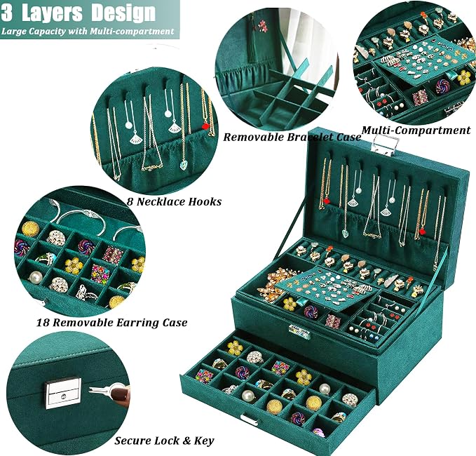 QBestry Jewelry Box for Women with Drawer, 3-Layer Large Jewelry Organizer with Lock & Key, 8 Necklace Hooks & 56 Earring Holes, Green Velvet Jewelry Storage Box for Necklaces Earrings Rings Bracelets - Image 3