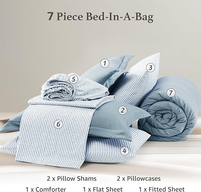 Monbix King Size Comforter Set - 7 Pieces Dusty Blue Prewashed Bed in a Bag King Bedding Sets with Comforters, All Seasons Ultra Soft Comforter Bed Set with Sheets,Pillowcases & Shams