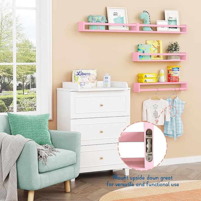 Forbena Large Pink Kids Book Shelves for Girls Room Wall Set of 4, Floating Nursery Book Shelf for Baby Girl Deocr, 24 Inches Long Wall Mounted Bookshelf for Toddler Kid Child Teens Bedroom (Pink) - Image 5