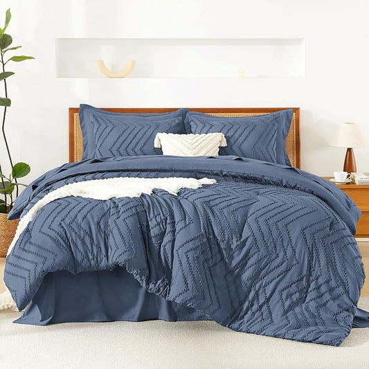Litanika California King Size Comforter Set with Sheets Ocean Blue - 7 Pieces Bed in a Bag Cal King Chevron Tufted Complete Bedding Sets with Comforter, Sheets, Pillowcases & Shams