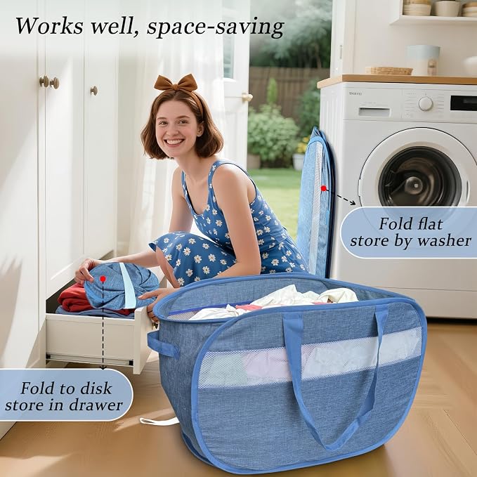 100L Mesh Pop Up Laundry Hampers with Handles, Extra Large Collapsible Laundry Baskets 2 Pack, Portable Travel Laundry Basket, Dirty Clothes Hamper Light Breathable, Bule. 2H - Image 4