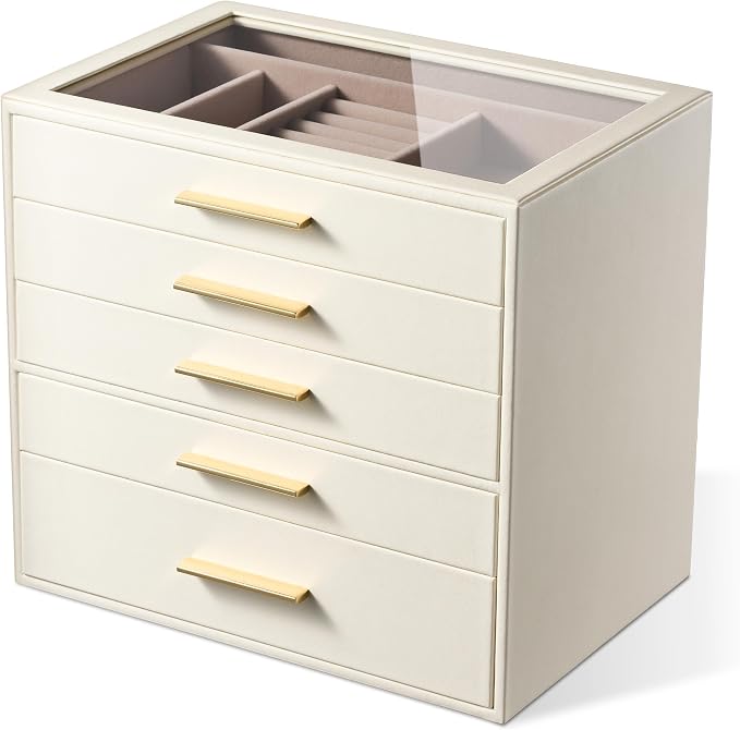 pickpiff Jewelry Box Organizer Case for Women: 5-Layer Jewelry Storage Case with Glass Window, Ivory Leather with Pink Velvet, Holder for Ring Necklace Bracelet Brooch Watch, Great Gift for Her by pickpiff