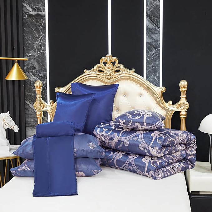 Bedding_Dreamer Blue Comforter Set Satin Sheet Set Jacquard Queen Bedding Set 8 Pcs Vintage Neoclassical Floral Bed Home Decor Soft Comforter Luxury Hotel Silky Bed in a Bag with 1 Cushion Cover