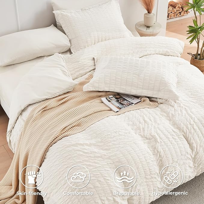 HYMOKEGE Ivory King Size Comforter Set Seersucker 7 Pieces, All Season Luxury Bed in a Bag for Bedroom, Bedding Set with Comforters, Sheets, Pillowcases & Shams