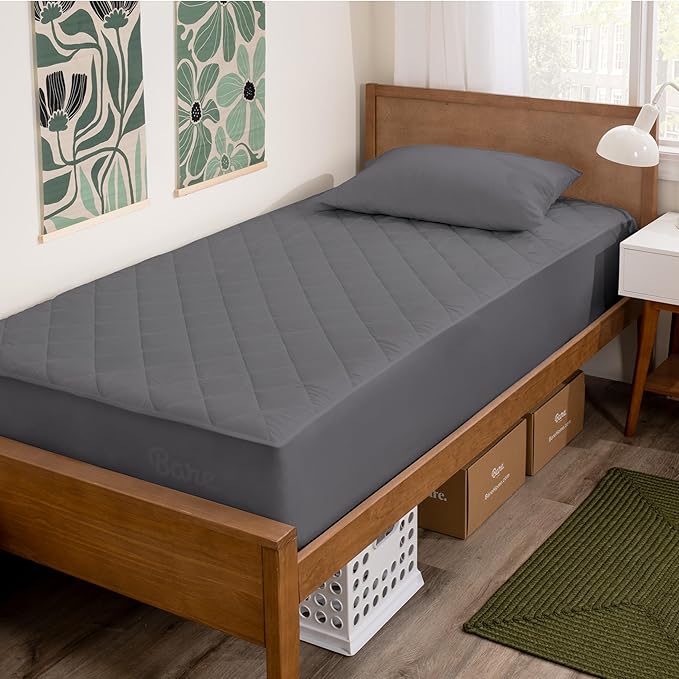 Bare Home Twin Quilted Fitted Mattress Pad - Cooling Mattress Cover - Easily Washable - Elastic Fitted Cover for Mattress - Stretch-to-Fit up to 15 Inches Deep (Twin, Grey)