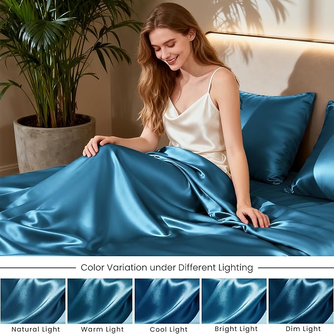 Love's cabin Satin Queen Sheets Set - 4 Piece Teal Silky Bed Sheets with Deep Pocket, Luxury Silk Feel Satin Queen Size Sheet Set (1 Flat Sheet,1 Fitted Sheet,2 Pillow Cases)