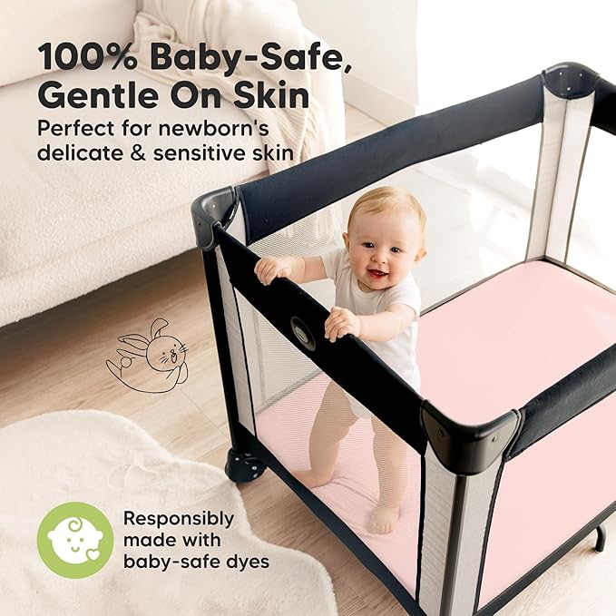 Pack and Play Sheets Fitted - 2-Pack Mini Crib Sheets for Pack N Play Mattress 38x26, Soft & Cozy, Neutral Toddler Playard Bedding, Snug Fitted Mini Baby Crib Mattress Cover Boy, Girl (Mist Rose)