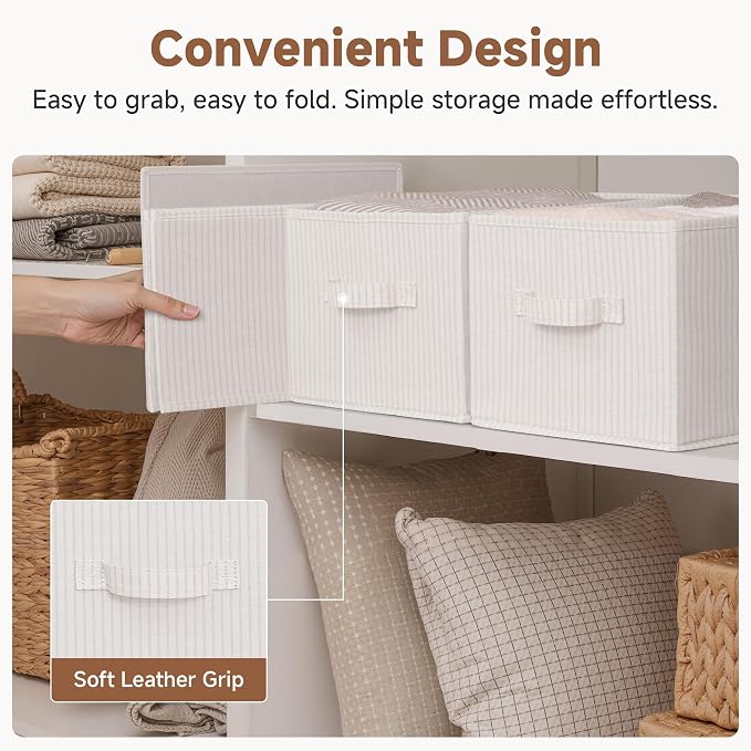 StorageWorks Foldable Shelf Organizer Bins, Closet Storage Baskets for Clothes, Fabric Storage Bins for Shelves, Beige Stripes, 3-Pack, Large - Image 6