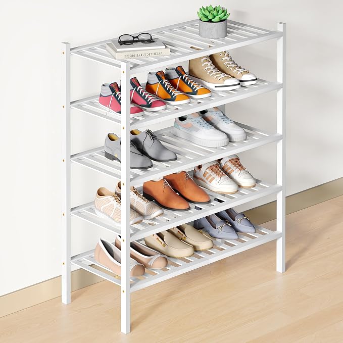 Smiry Bamboo Shoe Rack for Closet, 5 Tier Wooden Stackable Shoe Organizer, Free Standing Shoes Storage Shelf for Entryway, Front Door Entrance, White by Smiry