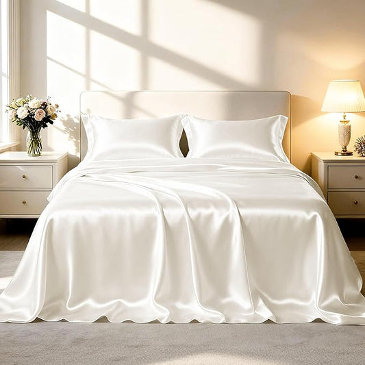 Love's cabin California King Satin Sheet Sets - 4 Piece Ivory Silky Sheets Bed Set with Deep Pocket, Luxury Silk Feel Satin Cal King Sheet Set (1 Flat Sheet,1 Fitted Sheet,2 Pillow Cases)
