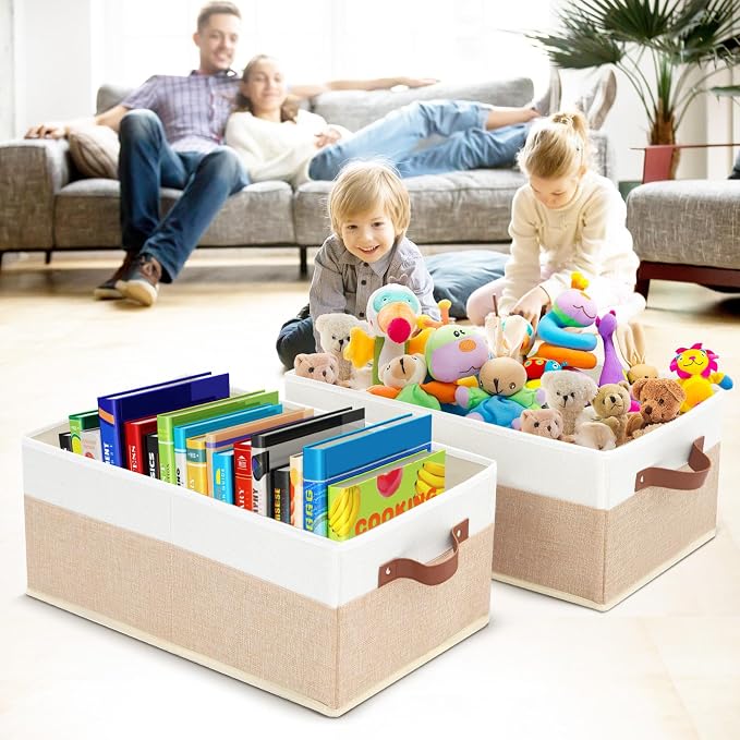 6 Pack Fabric Storage Bins, Large Storage Baskets for Shelves, Foldable Closet Organizer Storage Boxes with Leather Handles for Clothes, Sheets, Jeans, Toys, Books (Beige and White) - Image 6