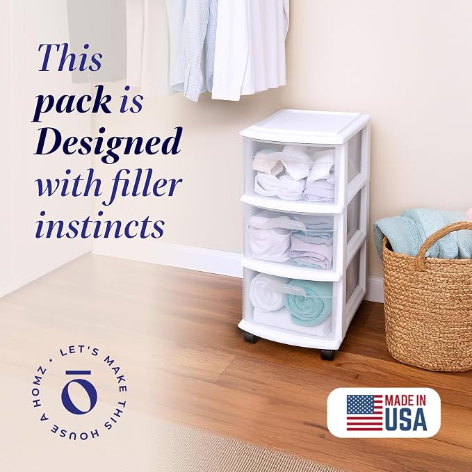 HOMZ Drawer Tower, 3-Tier Rolling Storage Cart with Removable Wheels, White Frame – Plastic Organizer with Clear Bin Drawers for Bedroom, Bathroom, Home Office, and Dorm Room - Image 4