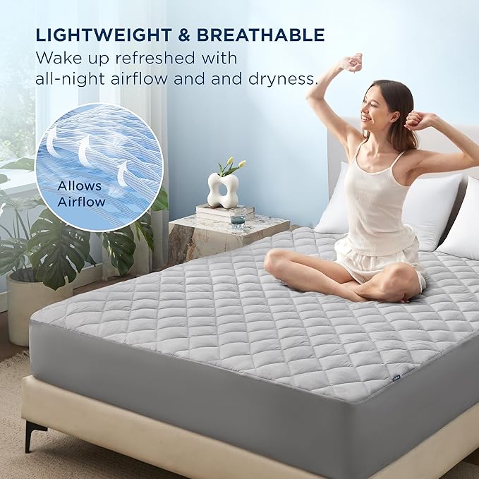 Bedsure Queen Mattress Protector, Quilted Waterproof Mattress Protector with Deep Pocket up to 22 Inches, Soft Breathable Noiseless Bed Pad Topper, Queen Bed Cover for Home, Bedroom, Hotel – Grey