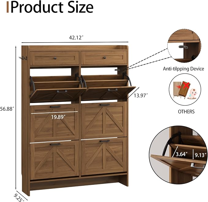 Shoe Cabinet with 6 Flip Drawers & 2 Top Drawers, 57" Tall Freestanding Narrow Wooden Shoe Storage Organizer for Entryway, Hidden Slim Shoe Rack for Front Door Entrance, Hallway, Living Room, Walnut - Image 2