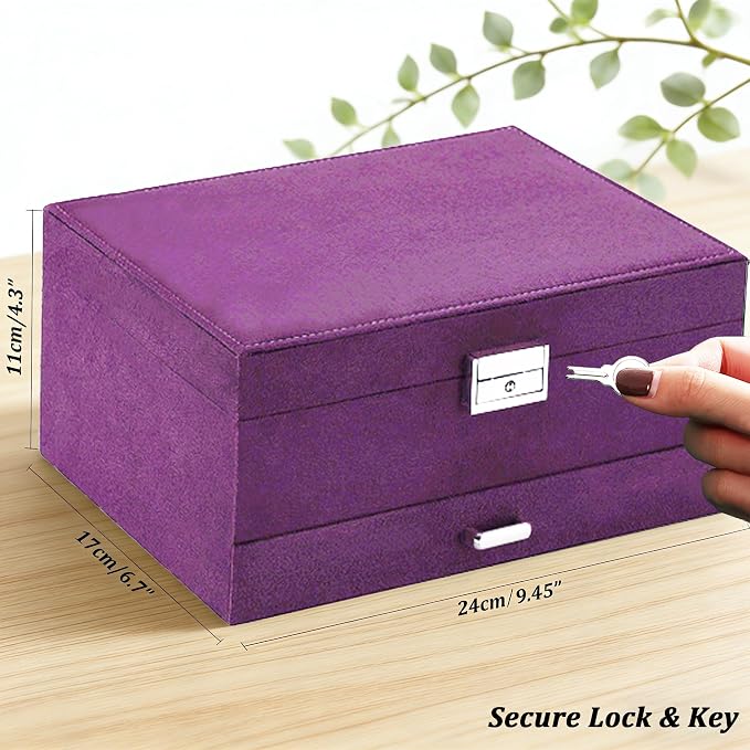 QBestry 3-Layer Jewelry Box for Women with Lock and Key & Drawer, Large Jewelry Organizer with 8 Necklace Hooks & 56 Earring Holes, Purple Velvet Jewelry Storage Box for Necklace Earring Ring Bracelet - Image 9