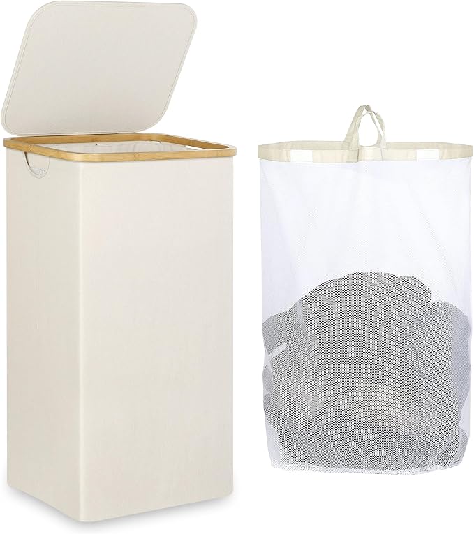 iEGrow Laundry Basket with Lid, 110L Large Laundry Hamper with Handle and Lid, Collapsible Clothes Basket Organizer with Removable Inner Bag for Clothes Toys Towels - Beige by iEGrow