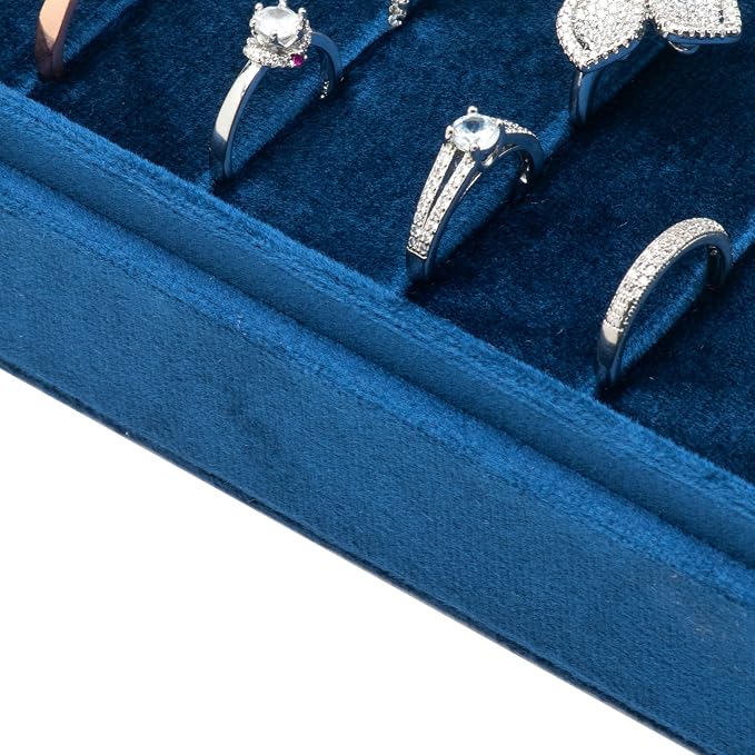Velvet Ring Organizer Display Tray Jewelry Box Earring Holder Case for Wedding Birthday Christmas Day (Dark Blue) - Image 4