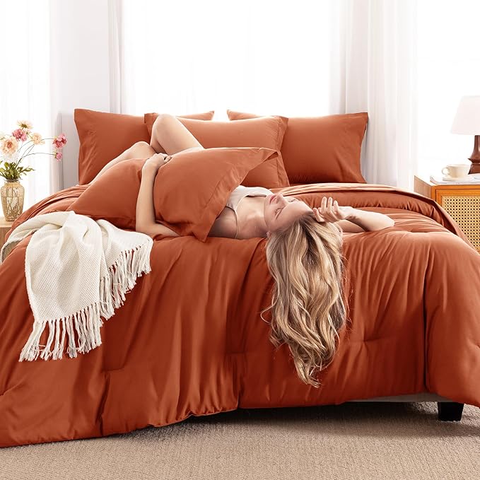 CozyLux King Size Comforter Set Burnt Orange, 7 Pieces Fall Bed in a Bag King Comforter Set with Sheets, Terracotta Luxury Soft Bedding Set with Down Alternative Comforter, Sheets, Pillowcases & Shams