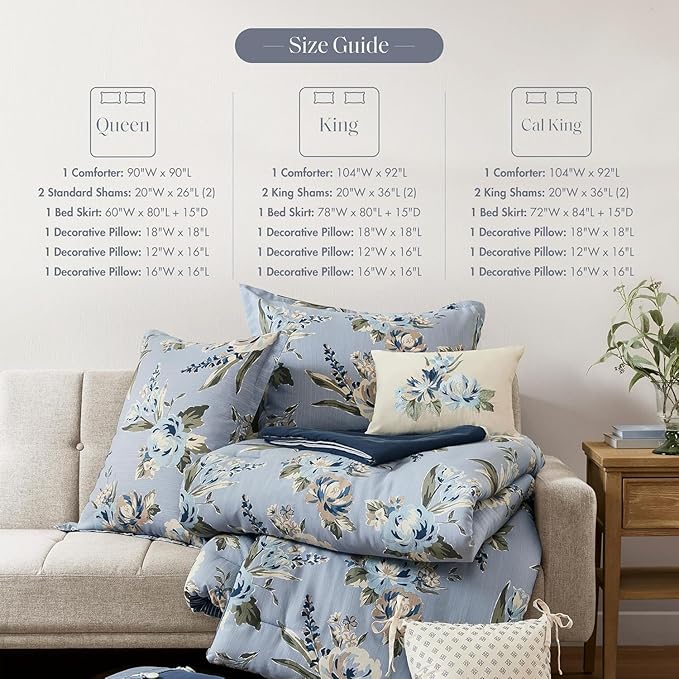 Madison Park King Comforter Set Vintage Floral Reversible Comforter, All Season, Down Alternative Bedding Comforter, Bedskirt, Pillows, Shams, Salara, King Blue 7 Piece