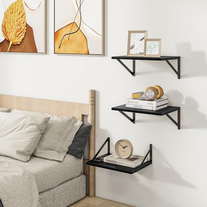 Heimlove Deep Floating Shelves for Wall, 12 Inch Deep Floating Shelves Set of 3, 16W x 12D Wood Wall Shelves, Wide Wood Shelves with Metal Bracket for Living Room, Kitchen, Office, Bedroom - Black - Image 2