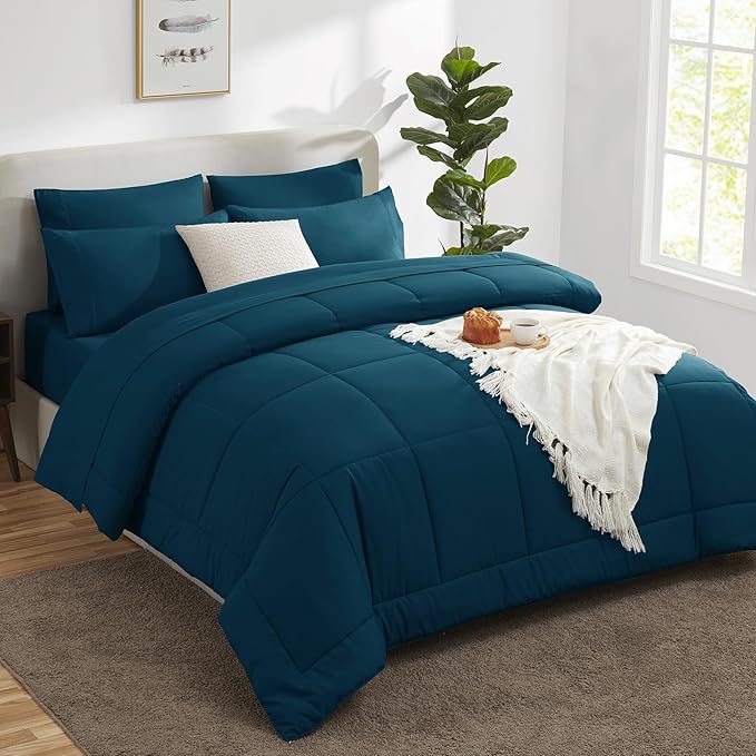 CozyLux Full Size Comforter Set Lyons Blue, 7 Pieces Bed in a Bag, Blue Comforter Full Size, All Season Bedding Sets with Stitch Quilted Comforter, Flat Sheet, Fitted Sheet, Pillowcases