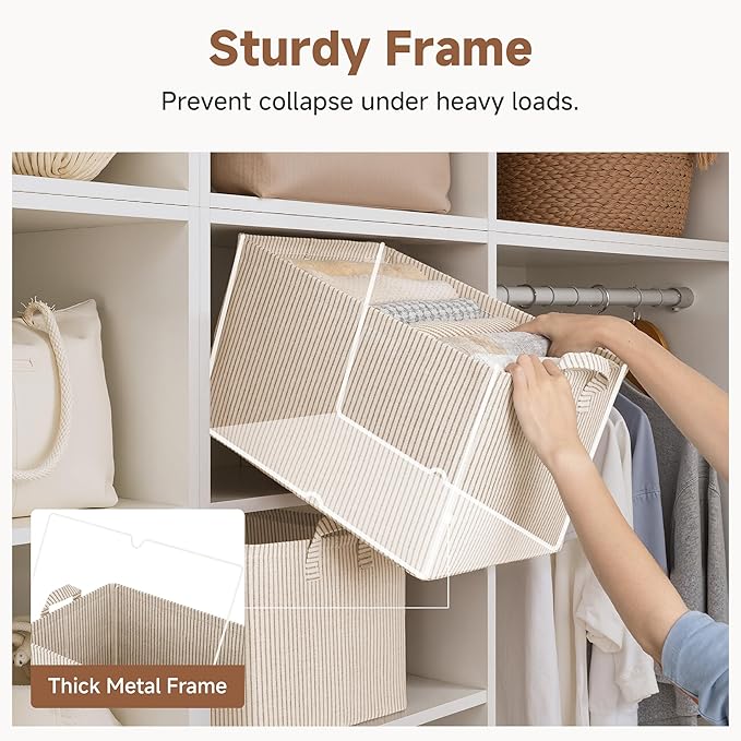 StorageWorks Storage Bins, Fabric Storage Bins for Shelves, Extra Large Storage Baskets with Metal Frame, Closet Baskets and Bins with Handles, Jumbo, Khaki and Beige Stripes, 2-Pack - Image 4