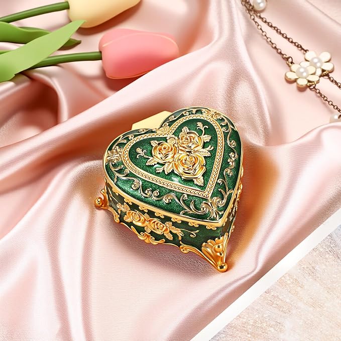 Hipiwe Vintage Jewelry Storage Box Heart Shaped Trinket Box Green Decorative Keepsake Box with Rose Pattern Treasure Organizer Holder for Women - Image 6