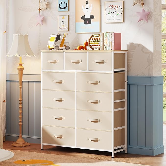 WLIVE Storage Organizer Unit with 11 Fabric Bins, Storage Drawers Organizer with Steel Frame, Tall Storage Tower Organizaton for Living Room, Hallway, Office, Cream White - Image 2