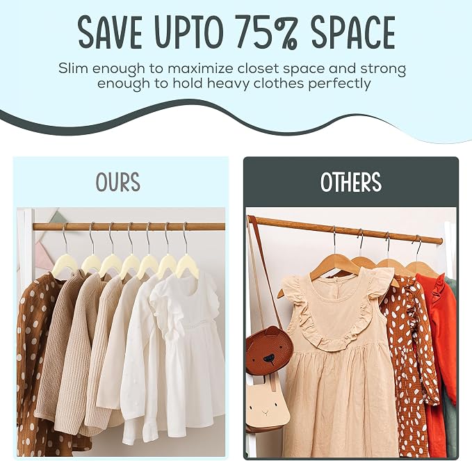 TechZoo 25 Premium Kids Velvet Hangers - 14" Non-Slip Clothes Hangers for Kids & Preteens - Ultra Slim, Space-Saving, Strong & Durable Hangers with 360° Swivel Hook - Beige - Image 5
