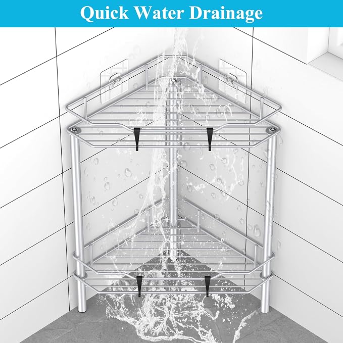 HuggieGems 2 Tier Floor Standing Corner Shower Caddy Organizer Shelf with Hooks, Bathroom Shelves Stand Rack, Silver - Image 5