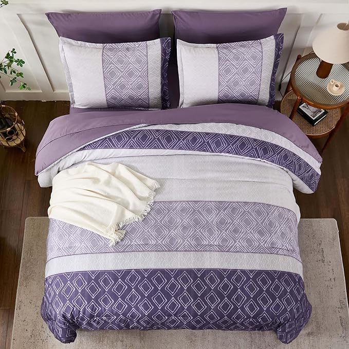 Dinjoy Boho Queen Comforter Set Purple,7 Piece Bed in a Bag Queen Size Breathable Summer Bedding Sets Plaid Striped Comforters Bed Set with Sheets for Family All Season