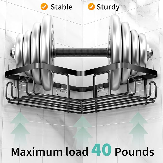 Moforoco Corner Shower Caddy Shelf Organizer Rack, Self Adhesive Black Bathroom Shelves Basket, Home Wall Shower Inside Organization and Storage Decor RV Accessories, First Apartment Essentials - Image 2