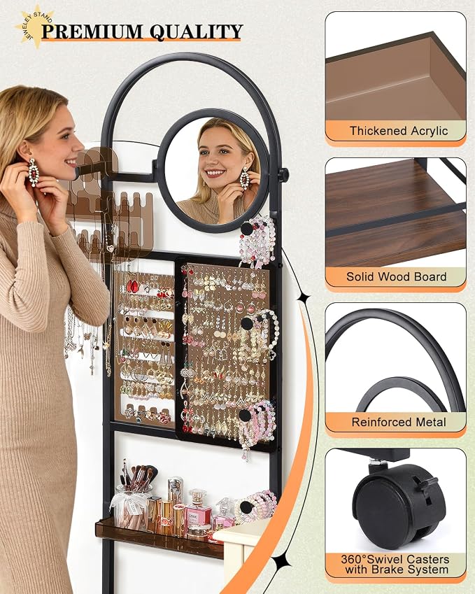 Mirror Jewelry Cabinet Standing, Jewelry Organizer and Storage with Jewelry Mirror, Jewelry Armoire with Earring Organizer Necklace Holder Bracelet Display, Large Tall Stand Up Jewelry Box Stand Tree - Image 7