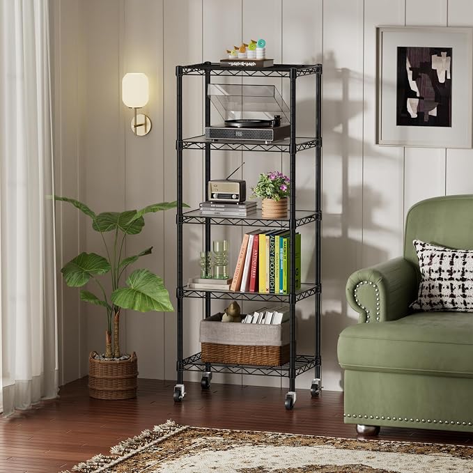 SINGAYE 5 Small Shelf Storage Wire Shelves Closet Bathroom Organizers Metal Pantry Kitchen Garage Shelving Unit Laundry Room Organization Home Narrow Rack Net Basket with Wheels Black - Image 2