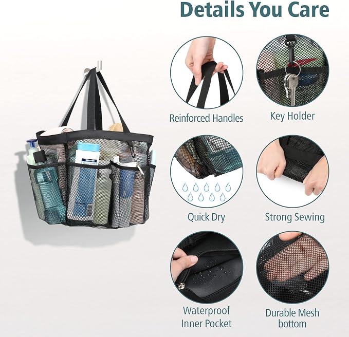 F-color Mesh Shower Caddy Portable, X Large 7 Deeper Pockets Shower Bag Basket Tote for College Dorm Room Bathroom Essentials Gym Camp Quick Dry 2 handles with S Hook, 2 Pack Black - Image 5