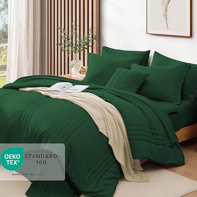 Monbix Queen Comforter Set - 7 Pieces Emerald Green Bed in a Bag Queen Bedding Sets with Comforters, All Seasons Comforter Bed Set with Sheets, Pillowcases & Shams