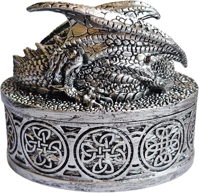 Dragon Statue Jewelry Box, Medieval Fantasy Myth Dragon With Cover Treasure Box, Dragon Statue Decoration Collection Gift Box. (Sliver) - Image 2