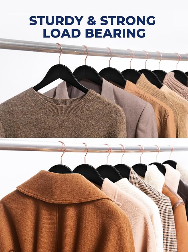 Smartor Wooden Hangers 20 Pack, Solid Wood Coat Hanger for Closet, Heavy Duty Wood Hangers for Suits, Shirts, Dresses, with 360° Rose Gold Hook, Non Slip Pant Bar, Black - Image 6