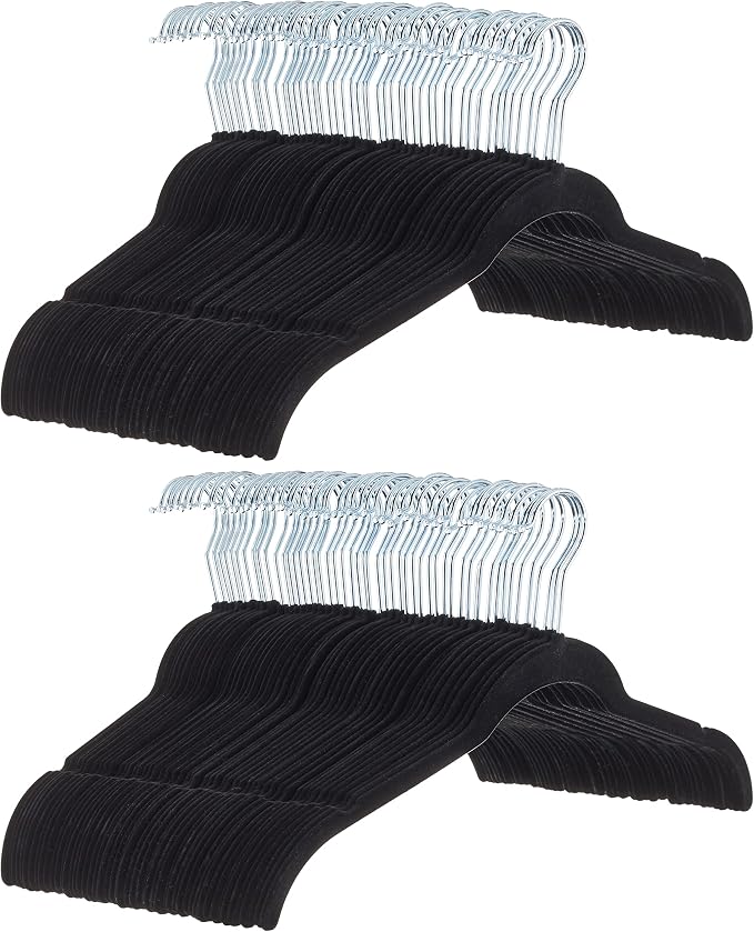 Amazon Basics Space Saving Slim Velvet Non-Slip Clothes Hangers for Closet Organization, Black, 100-Pack by AmazonBasics