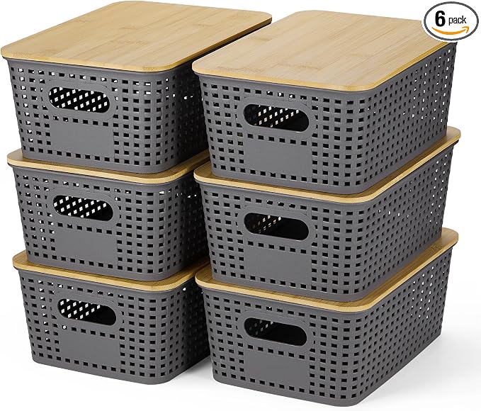 Plastic Storage Baskets With Bamboo Lid - Plastic Storage Containers Stackable Storage bins: Storage Baskets for Organizing Shelves Drawers Desktop Closet Playroom Classroom Office, 6 Pack, Gray by OHMLOVE