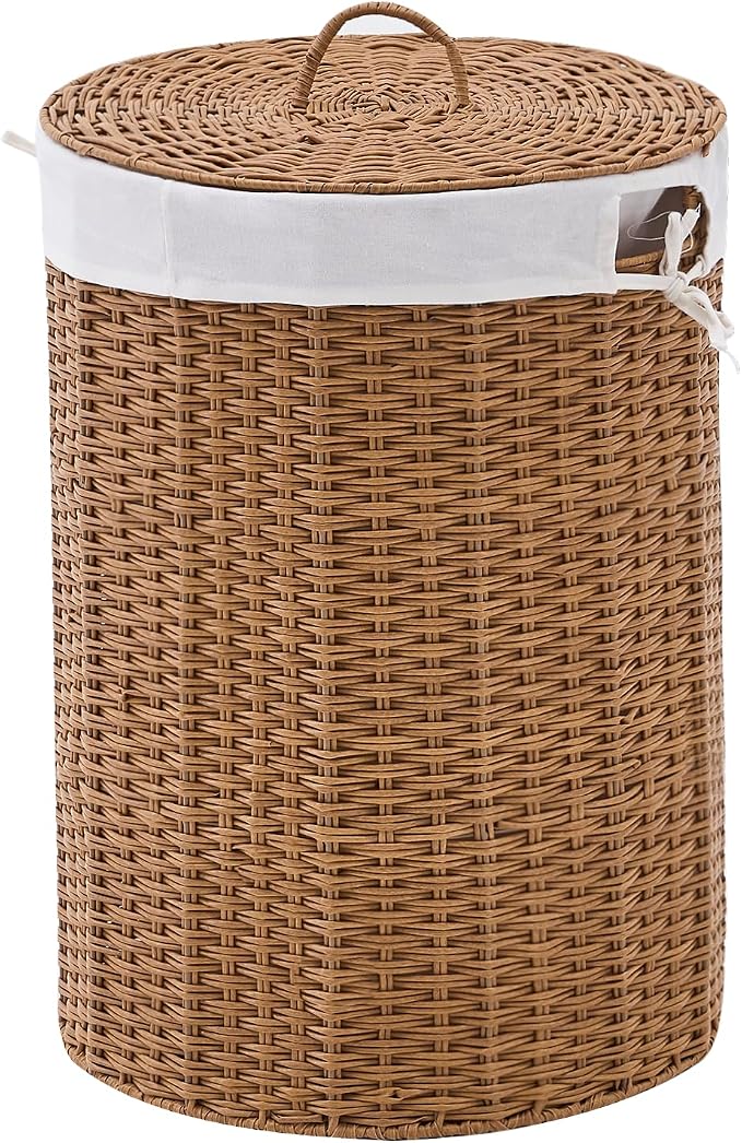 Round Wicker Laundry Hamper with Lid Handwoven Rattan Basket with Handles for Dirty Clothes, 2 Washable Liner Bags, No Assembly Required, Washable Basket, 90L by LGENHOOMHandwovenNaturalWaterHyacinthBasket
