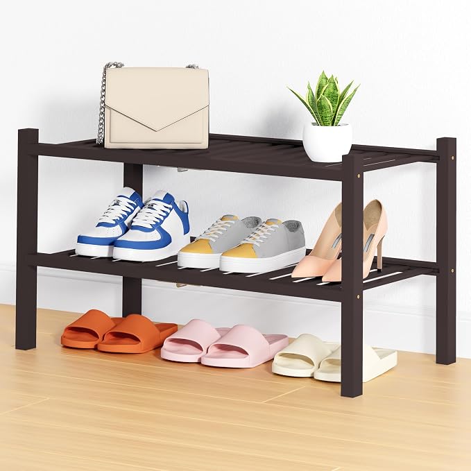 Smiry Shoe Rack, 2 Tier Thick Bamboo Shoe Organizer, Stackable Free Standing Wooden Shoe Storage Shelf for Closet, Entryway, Front Door Entrance, Brown by Smiry