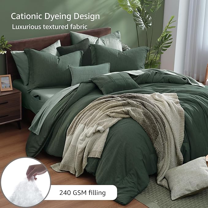 Monbix Super King Comforter Set, Deep Forest Cationic Dyeing Bedding Set Reversible, Bed in a Bag 7 Pieces with Comforter, Sheets, Pillowcases & Shams