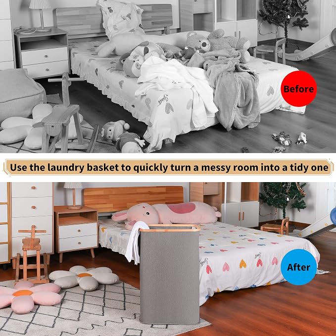 iEGrow 65L Slim Laundry Hamper, Narrow Laundry Basket with Lid,Foldable Clothes Hamper with Bamboo Handles,Hamper Basket with Removable Inner Bag for Laundry Room Bedroom College Dorm,17.17 Gals Grey - Image 5