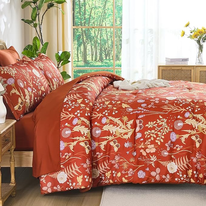 Yiran King Size Comforter Set 7 Piece,Burnt Orange Floral Bedding Set, Lightweight Bed in a Bag King with Botanical Flowers Spring, Soft Warm Terracotta Comforters with Sheets Complete for All Season