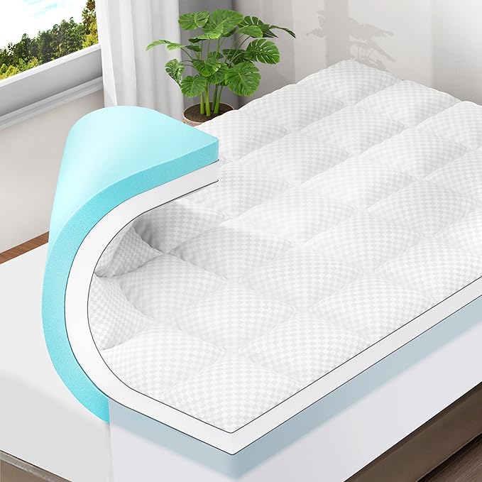 OLANLY Dual-Layer 4 Inch Queen Size Memory Foam Mattress Topper for Back Pain, 2 Inch Cooling Pillow Top Mattress Pad Cover and 2 Inch Gel Memory Foam Topper, Deep Elastic Pocket, White
