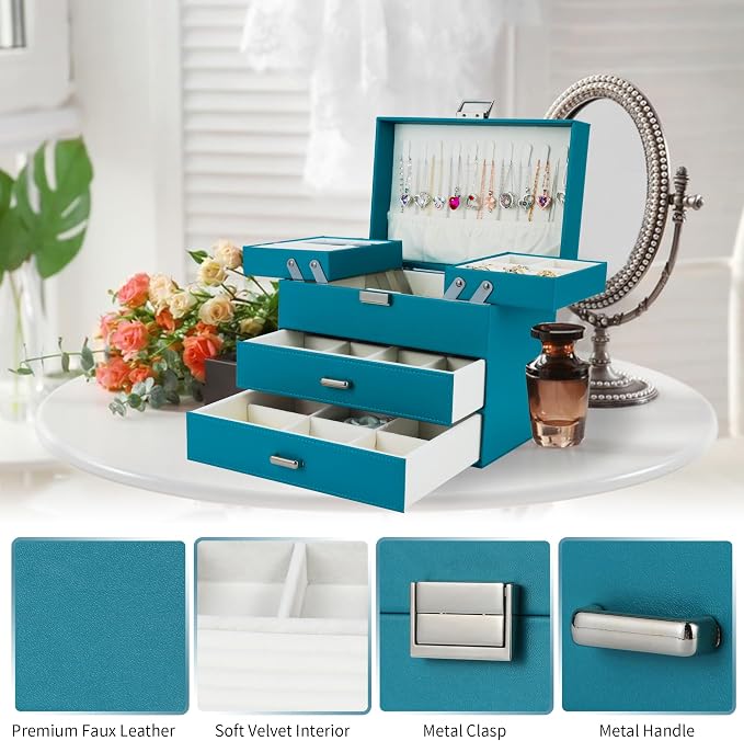 Dajasan Jewelry Box Organizer, Jewelry Holder Organizer Box, 4 Layers Leather Jewelry Storage Box, Gift Idea for Women, Girlfriends, Wife or Mother (Blue) - Image 6