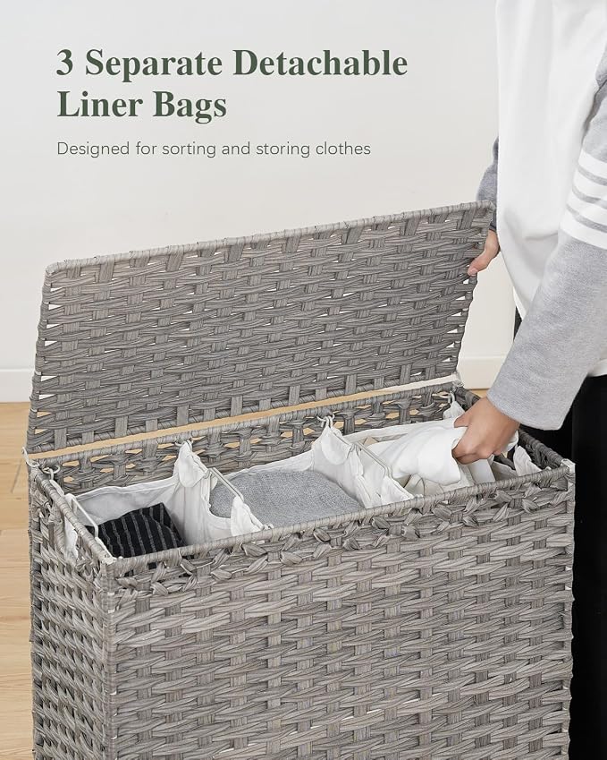 SETVSON Laundry Hamper with Lid 132 L, (35 Gallons) Clothes Hamper with Lid, Handwoven Rattan Laundry Hamper with Metal Heightened Feet, Laundry Hampers with 3 Removable Liner Bags for Laundry-Gray - Image 3